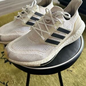 adidas Cream Knit Running Shoes with Black Stripes